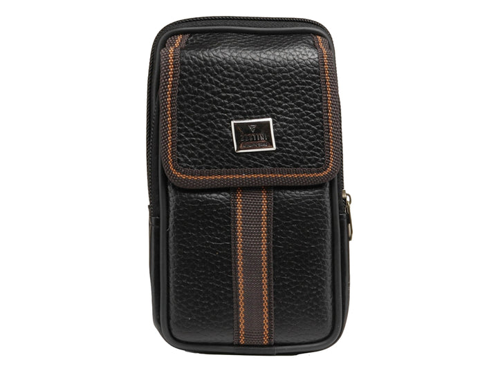 Bolso pequeño negro con textura rugosa y detalles lineales en color marrón.