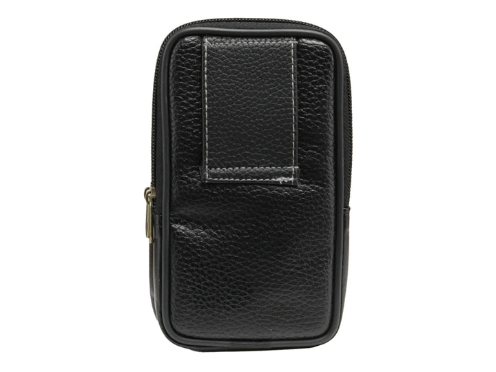 Bolso pequeño negro con textura rugosa y detalles lineales en color marrón.