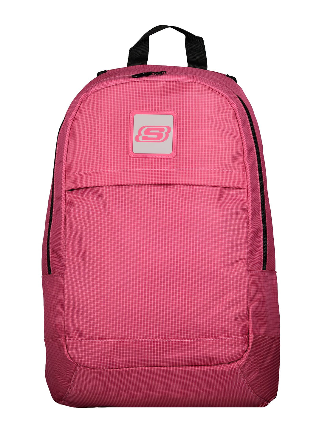 Mochila escolar Skechers de color rosa con detalles y correas en color negro.