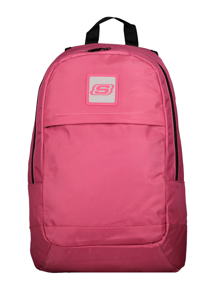 Mochila escolar Skechers de color rosa con detalles y correas en color negro.