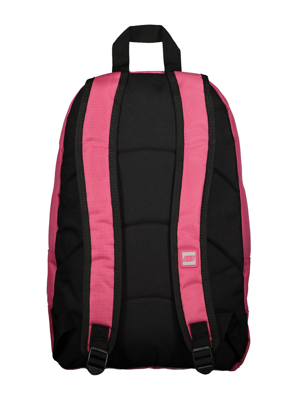 Mochila escolar Skechers de color rosa con detalles y correas en color negro.