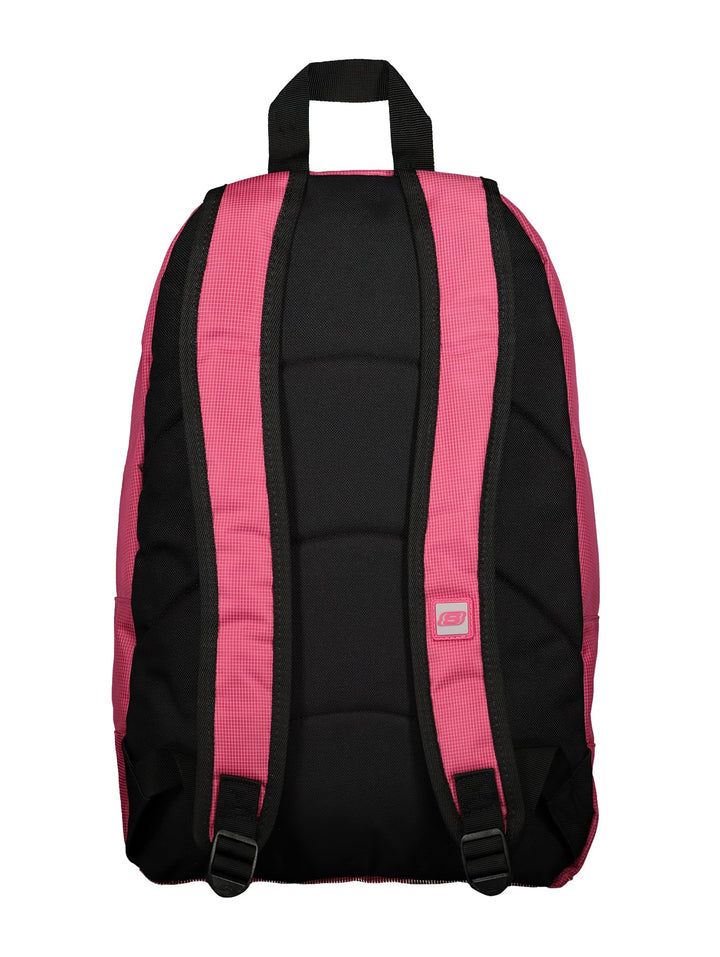 Mochila escolar Skechers de color rosa con detalles y correas en color negro.