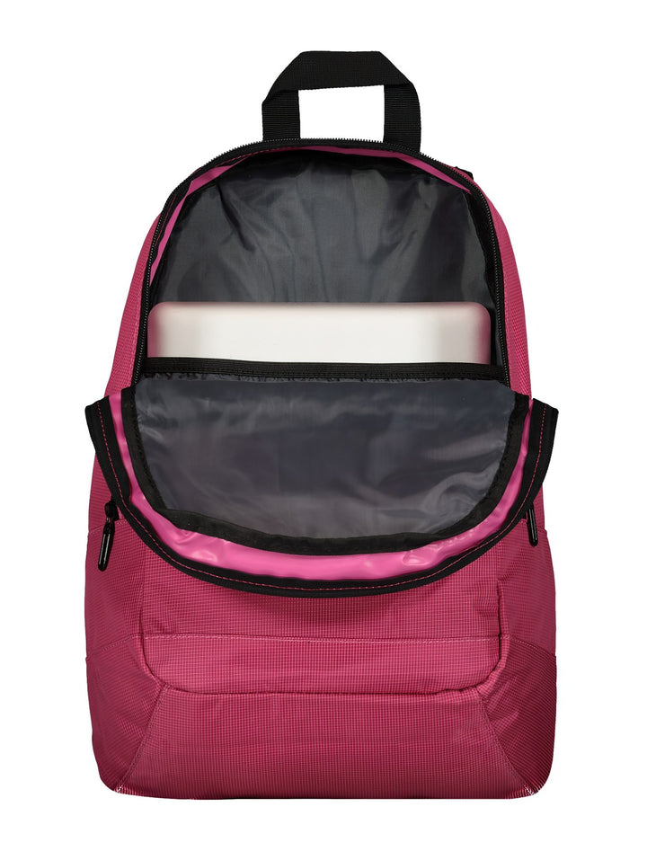 Mochila escolar Skechers de color rosa con detalles y correas en color negro.