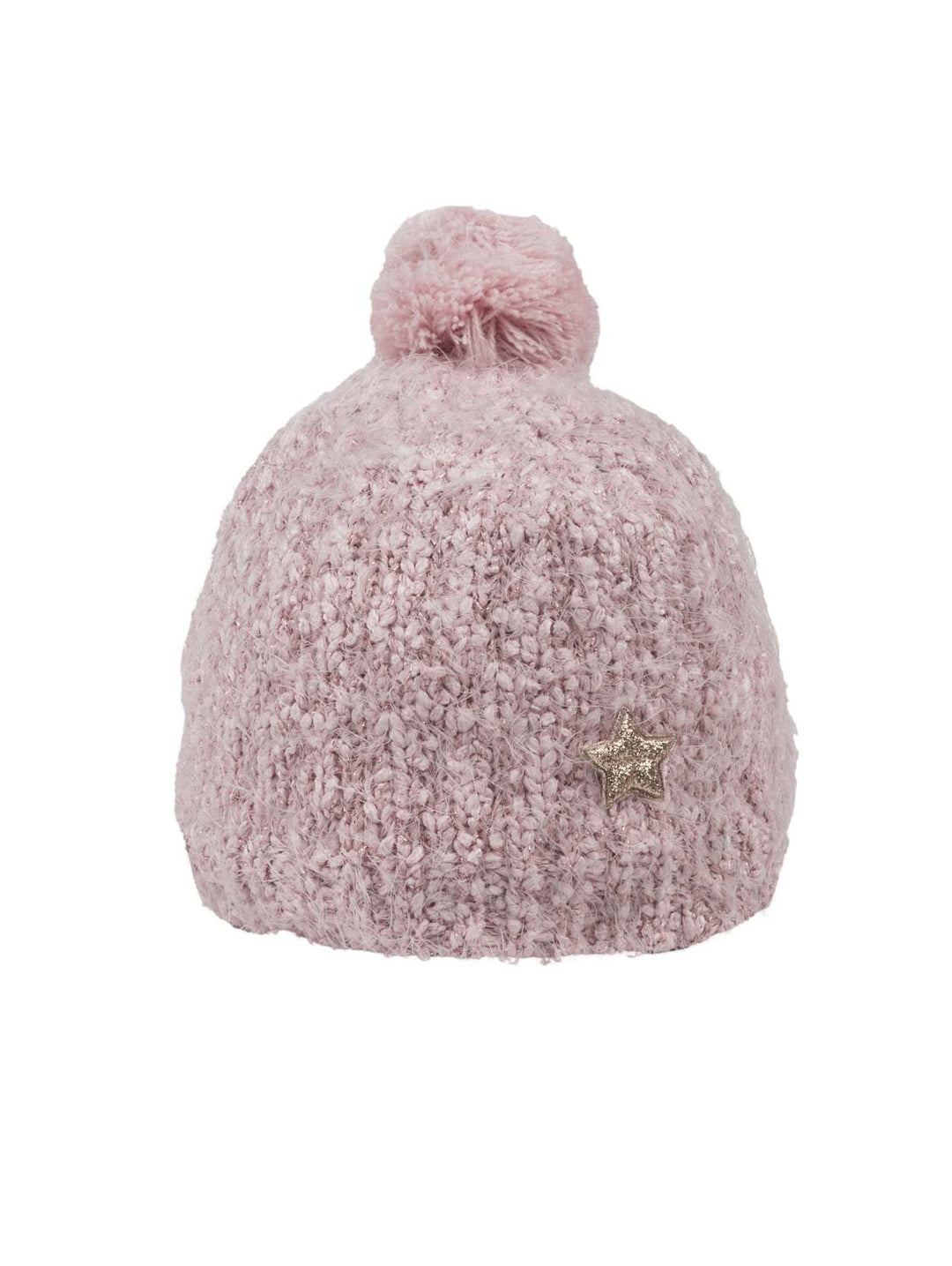 Gorro de tejido rosa palo claro con pompón superior y un detalle de estrella dorada lateral.