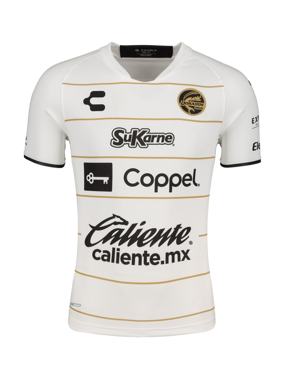 Jersey de fútbol Charly color blanco con detalles en dorado y logotipos de patrocinadores.
