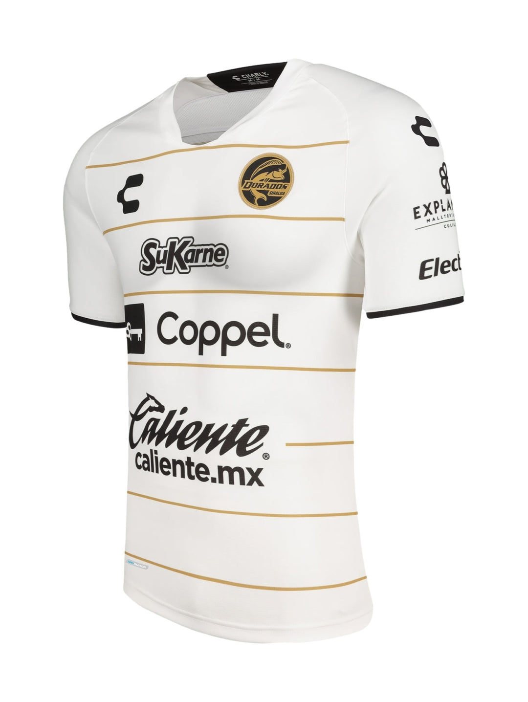 Jersey de fútbol Charly color blanco con detalles en dorado y logotipos de patrocinadores.