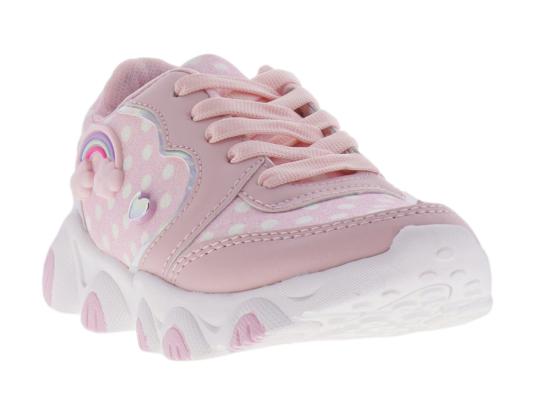 Tenis deportivos color rosa para niña con detalles de corazones, arcoíris y suela blanca robusta.