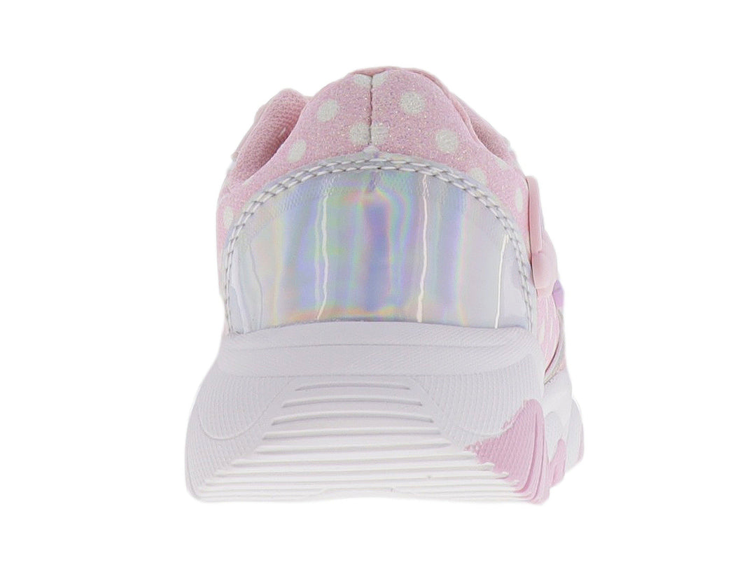 Tenis deportivos color rosa para niña con detalles de corazones, arcoíris y suela blanca robusta.