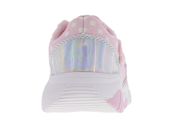 Tenis deportivos color rosa para niña con detalles de corazones, arcoíris y suela blanca robusta.