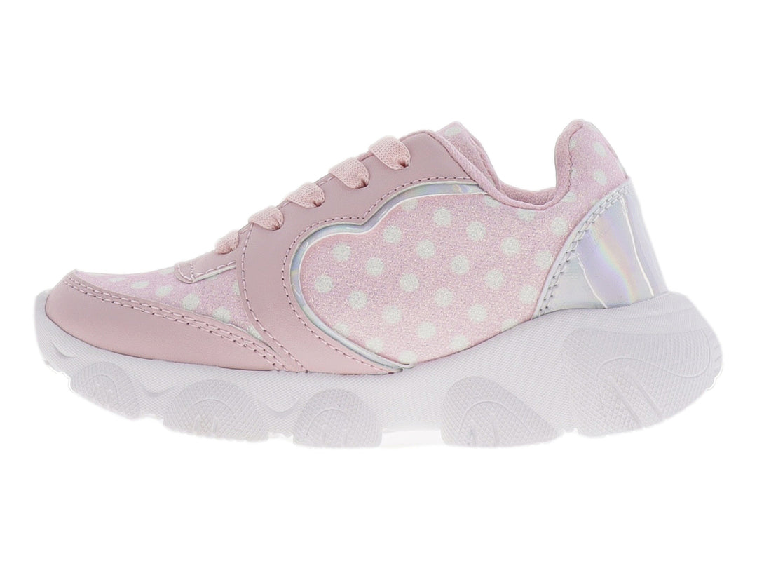 Tenis deportivos color rosa para niña con detalles de corazones, arcoíris y suela blanca robusta.