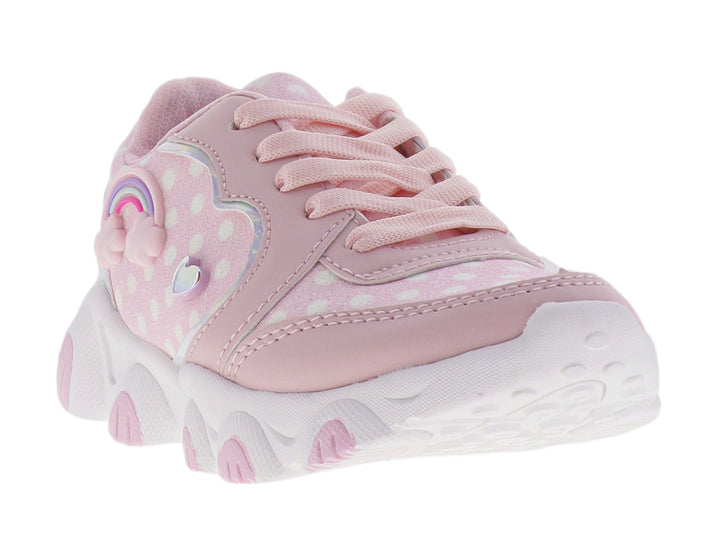 Tenis deportivos color rosa para niña con detalles de corazón, arcoíris y suela blanca gruesa.