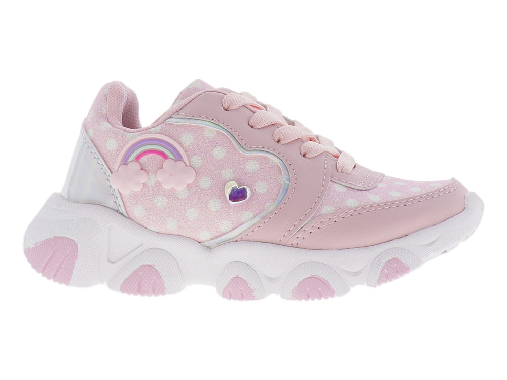 Tenis deportivos color rosa para niña con detalles de corazón, arcoíris y suela blanca gruesa.