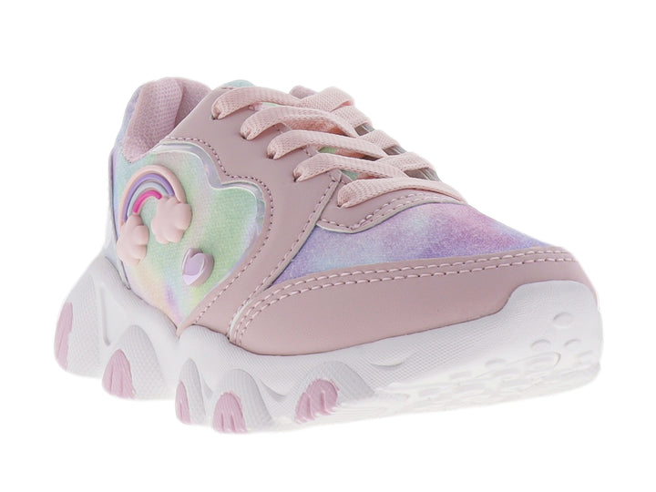 Tenis deportivos para niña en color rosa con detalles iridiscentes de arcoíris y suela blanca gruesa.
