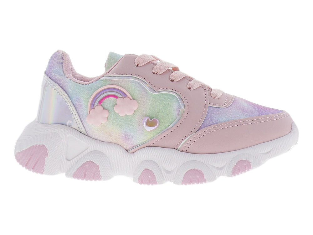 Tenis deportivos para niña en color rosa con detalles iridiscentes de arcoíris y suela blanca gruesa.