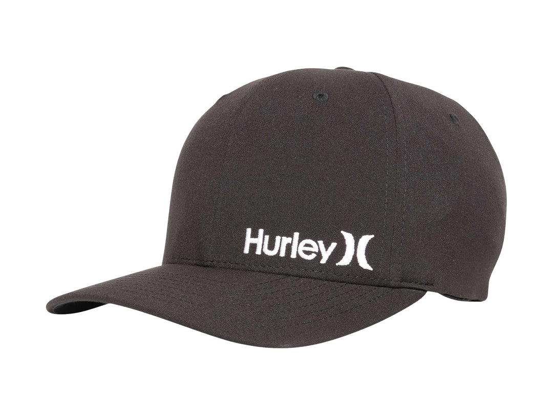 Gorra de béisbol color negro con logotipo de Hurley bordado en blanco en la parte frontal.