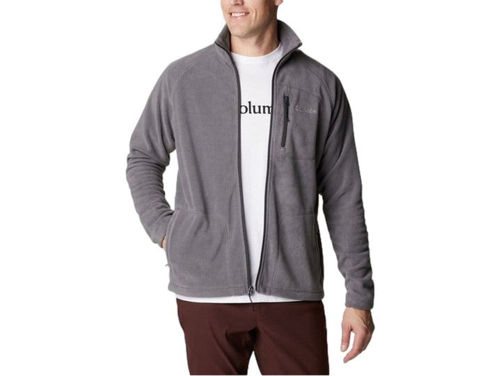 Chaqueta de fleece Columbia color gris con cierre frontal completo y bolsillo superior en el pecho para hombre.