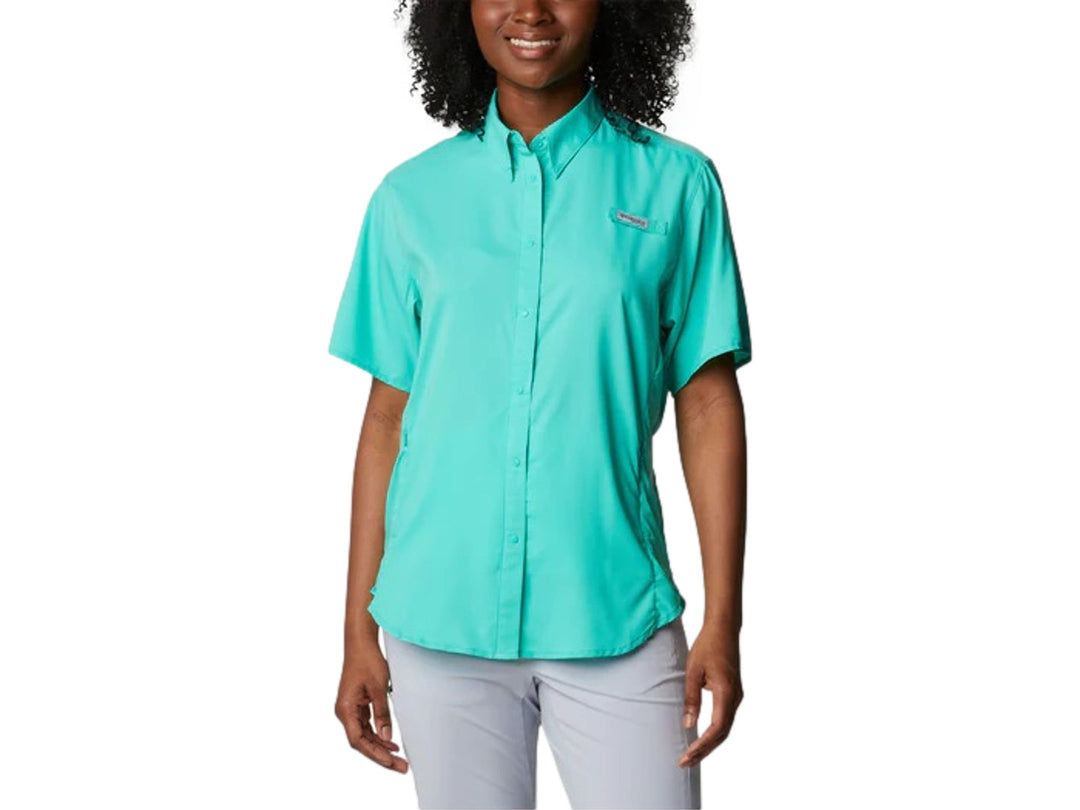 Camisa Columbia PFG de manga corta en color turquesa eléctrico para mujer.