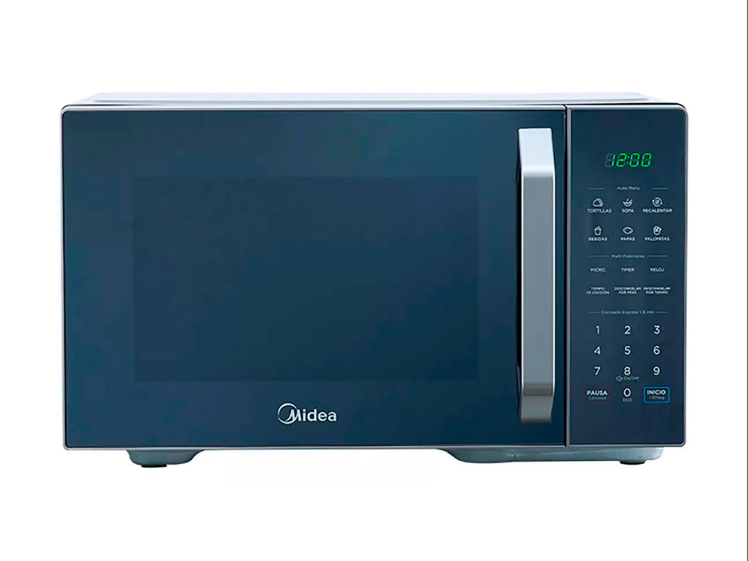 Horno microondas Midea color silver con puerta de espejo y panel de control digital.