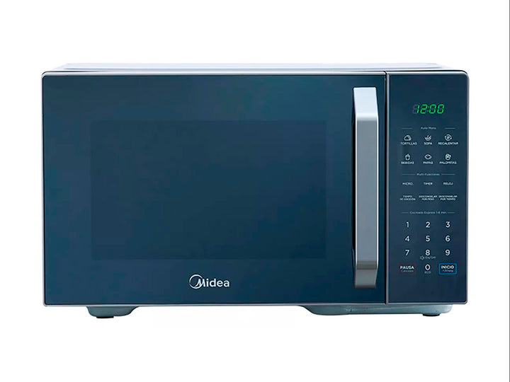Horno microondas Midea color silver con puerta de espejo y panel de control digital.