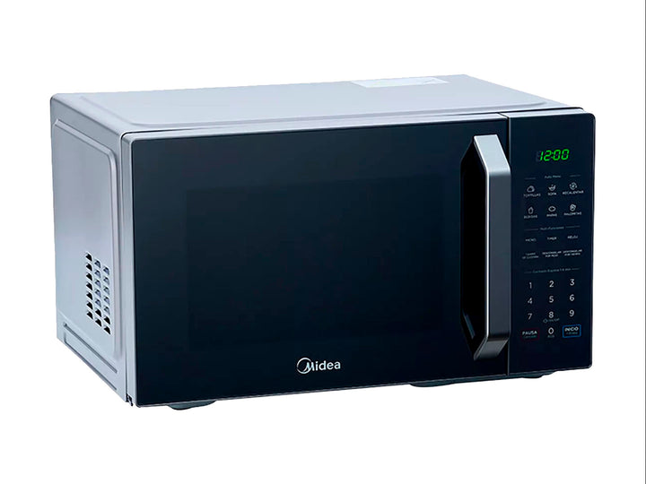 Horno microondas Midea color silver con puerta de espejo y panel de control digital.