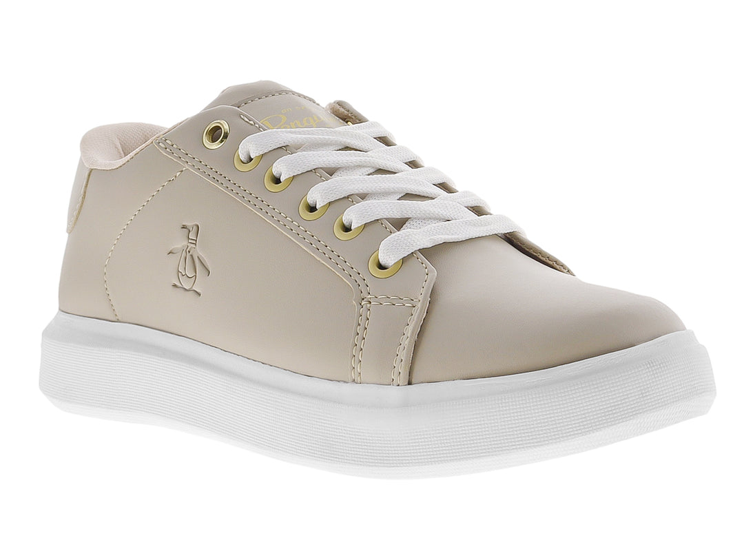 Tenis color nude con suela blanca y agujetas blancas de la marca Penguin.