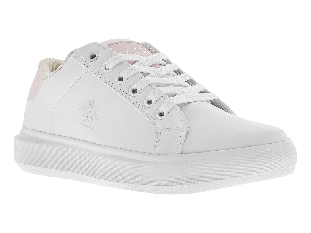 Tenis blancos Penguin con detalle rosa en el talón y suela blanca.