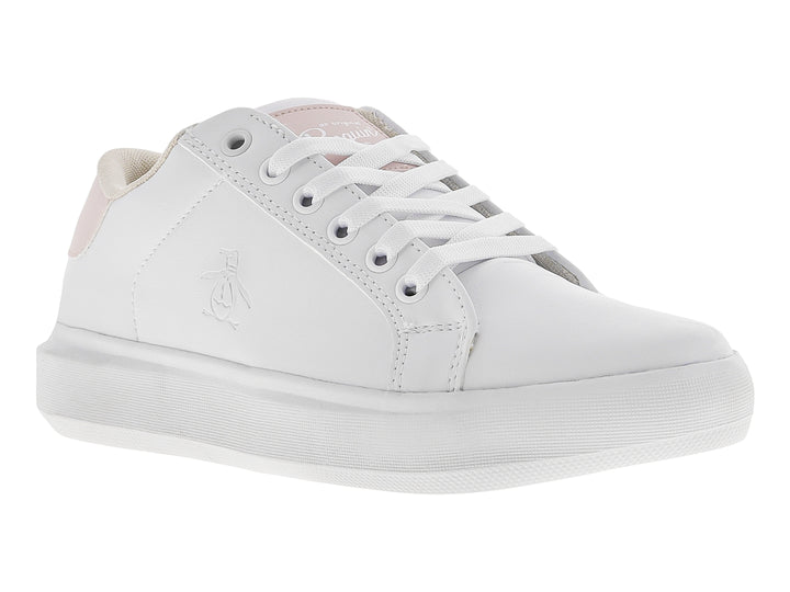 Tenis blancos Penguin con detalle rosa en el talón y suela blanca.