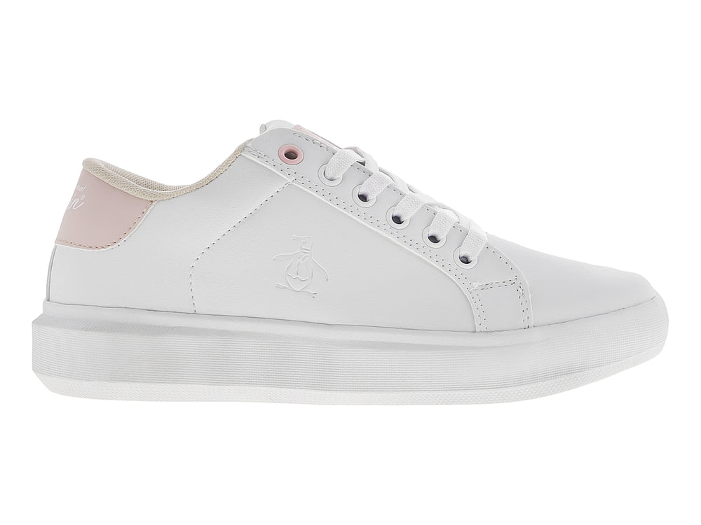 Tenis blancos Penguin con detalle rosa en el talón y suela blanca.
