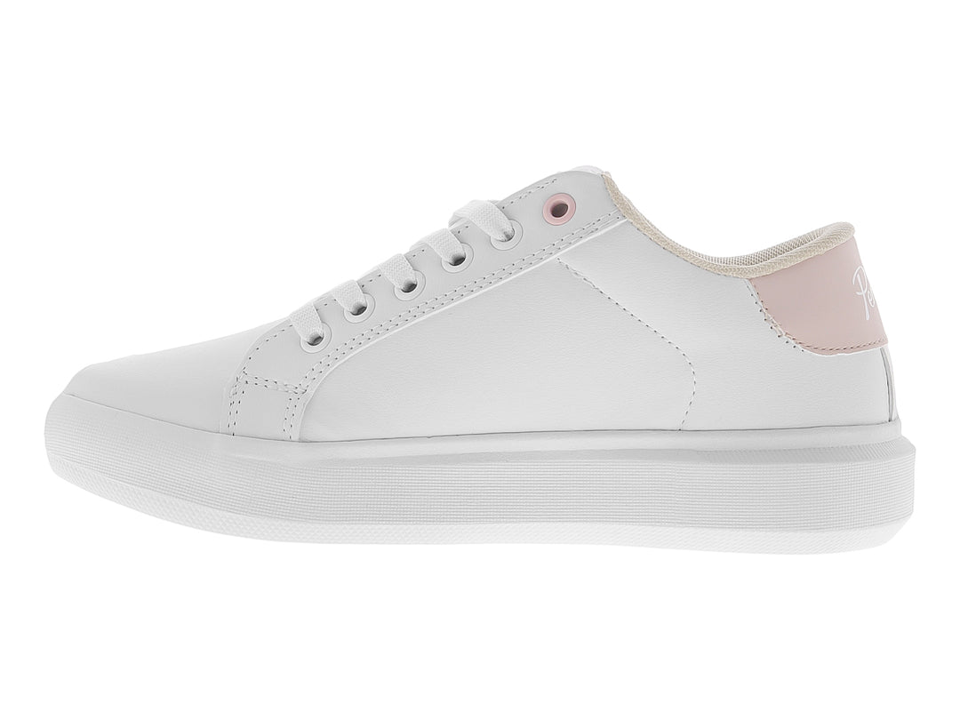 Tenis blancos Penguin con detalle rosa en el talón y suela blanca.