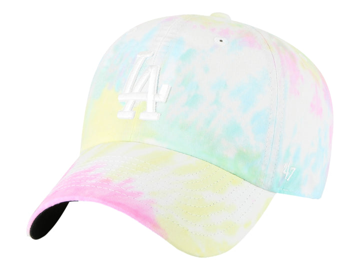 Gorra de béisbol multicolor tie-dye con logo de Los Angeles Dodgers en color blanco.