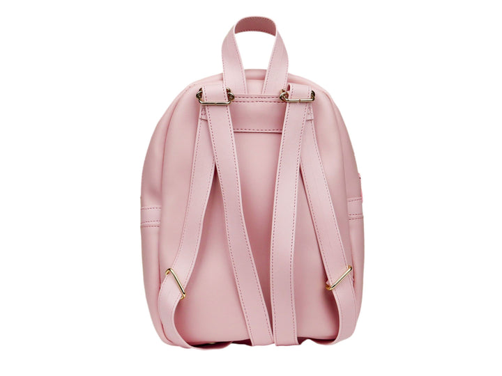 Mochila escolar para niña en color rosa con detalles metálicos dorados y acabado liso.