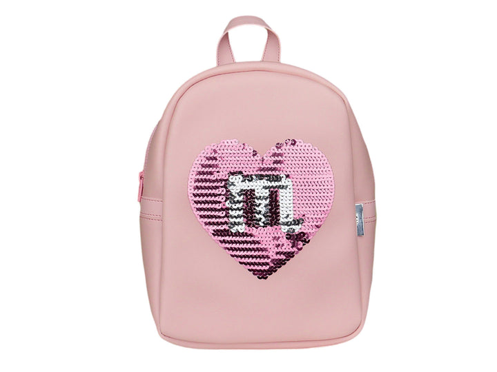 Mochila escolar para niña en color rosa con detalles metálicos dorados y acabado liso.
