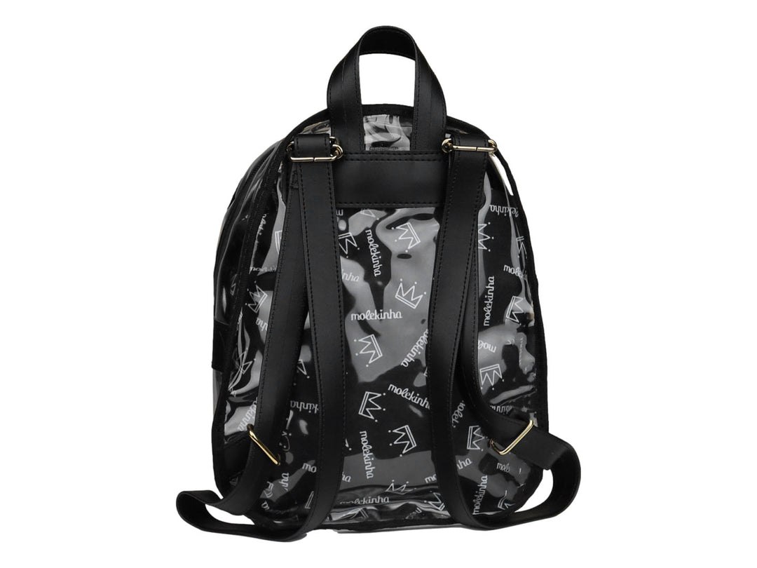 Mochila escolar para niña de color negro con material transparente y estampado de letras y coronas.