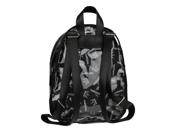 Mochila escolar para niña de color negro con material transparente y estampado de letras y coronas.