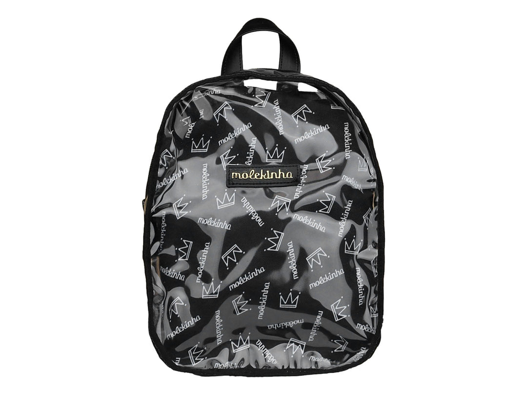 Mochila escolar para niña de color negro con material transparente y estampado de letras y coronas.