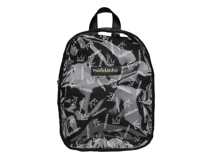 Mochila escolar para niña de color negro con material transparente y estampado de letras y coronas.