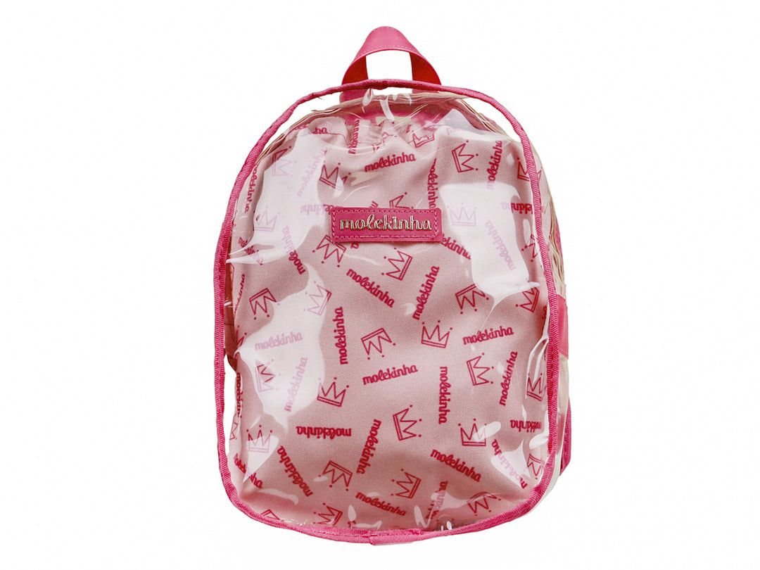Mochila escolar para niña de color rosa, con cuerpo transparente y detalles en rosa intenso.
