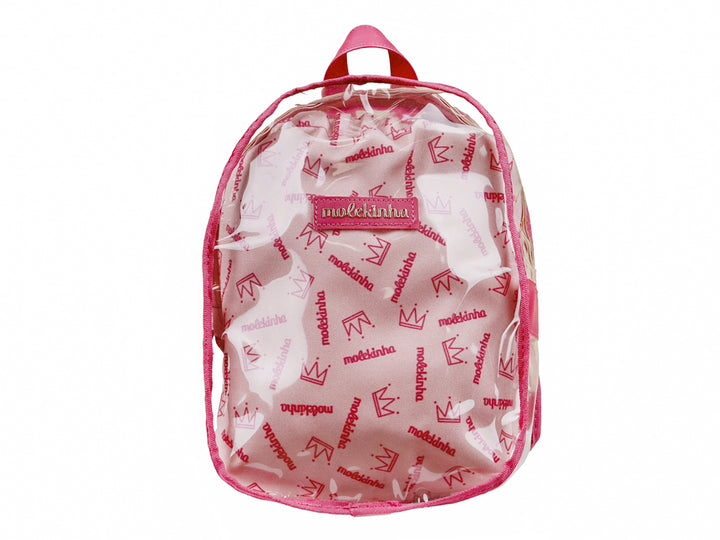 Mochila escolar para niña de color rosa, con cuerpo transparente y detalles en rosa intenso.