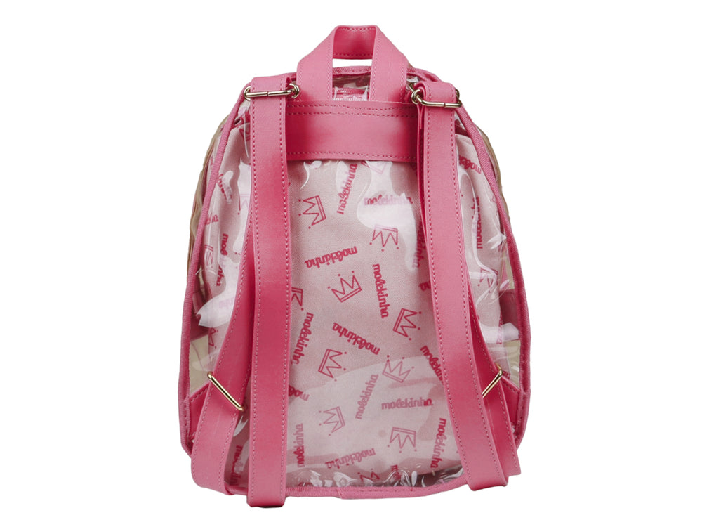 Mochila escolar para niña de color rosa, con cuerpo transparente y detalles en rosa intenso.