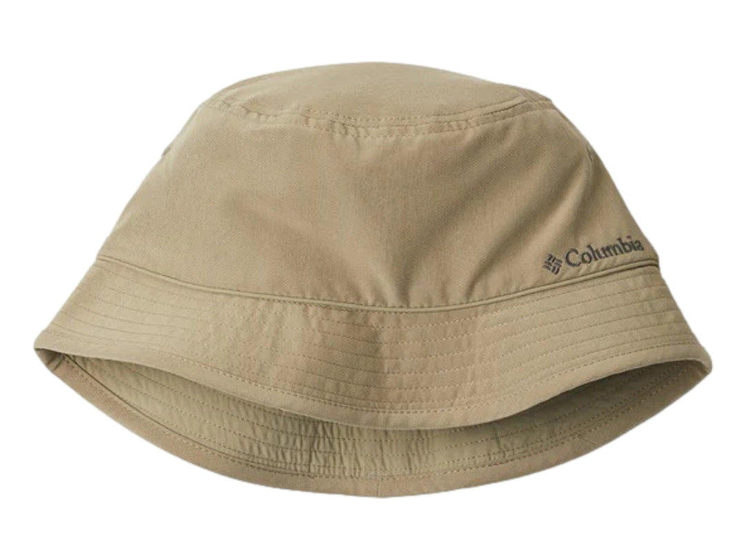 Sombrero tipo bucket de la marca Columbia en color beige tusk con logotipo bordado lateralmente.