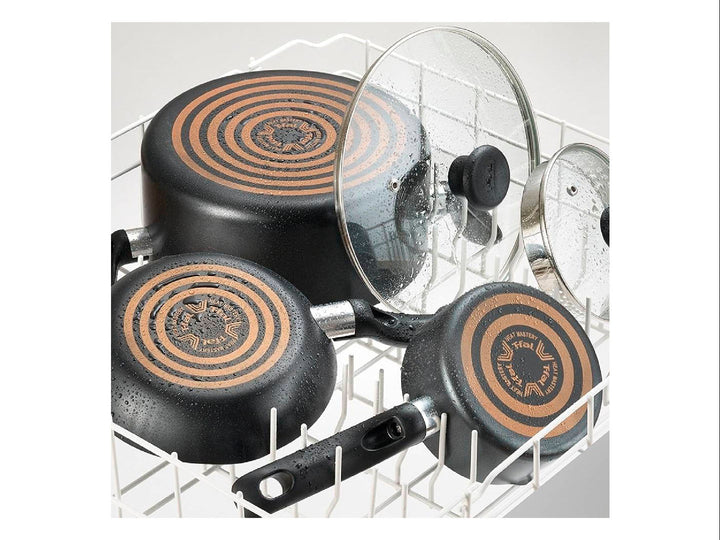Batería de cocina T-FAL de 5 piezas en color negro, incluye olla, sartén y cazo con tapas de vidrio.