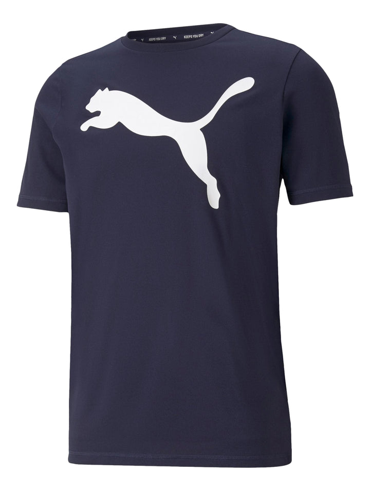 Camiseta deportiva PUMA color azul marino con logotipo blanco grande en el pecho.