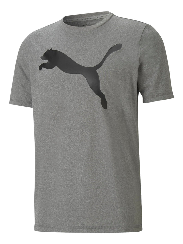 Camiseta deportiva PUMA color gris con logotipo grande de Puma en negro en el pecho.