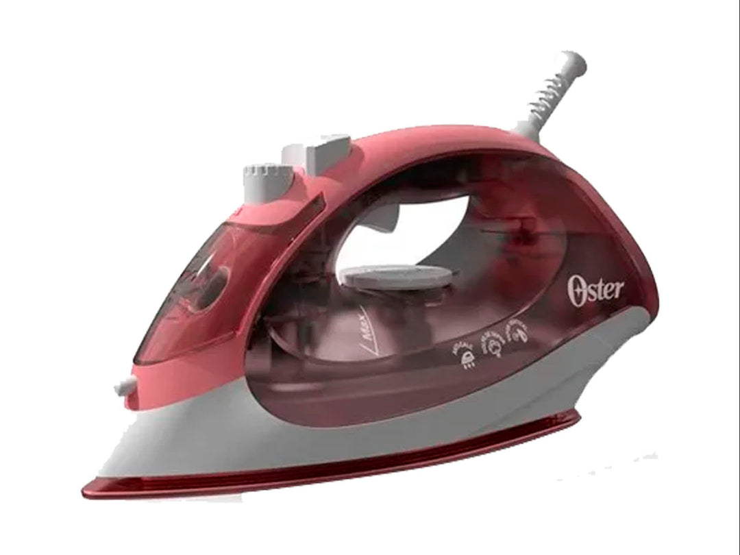 Plancha de vapor compacta Oster en color rosa y blanco con tanque de agua transparente.