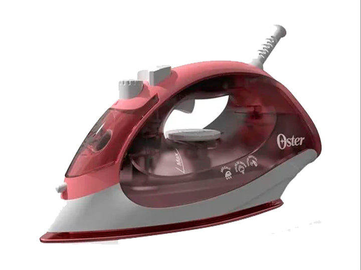 Plancha de vapor compacta Oster en color rosa y blanco con tanque de agua transparente.