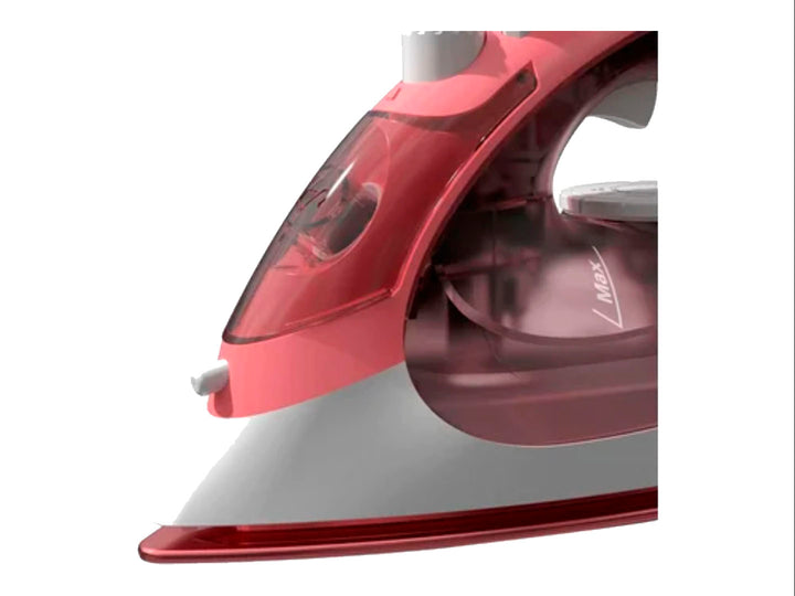Plancha de vapor compacta Oster en color rosa y blanco con tanque de agua transparente.