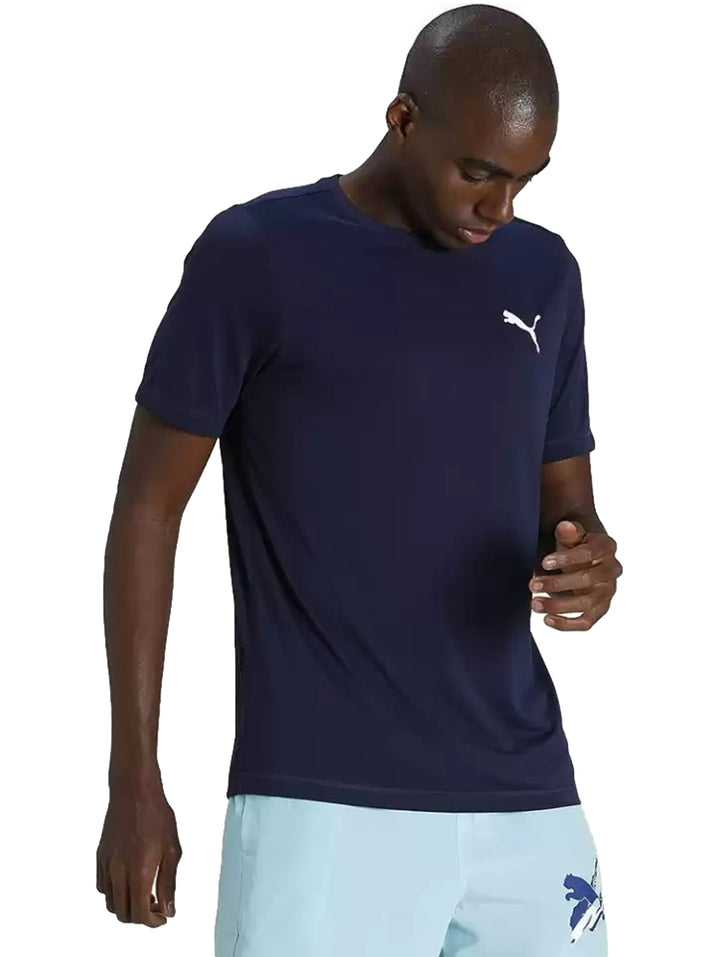 Camiseta deportiva PUMA de color azul marino con logotipo blanco pequeño en el pecho.