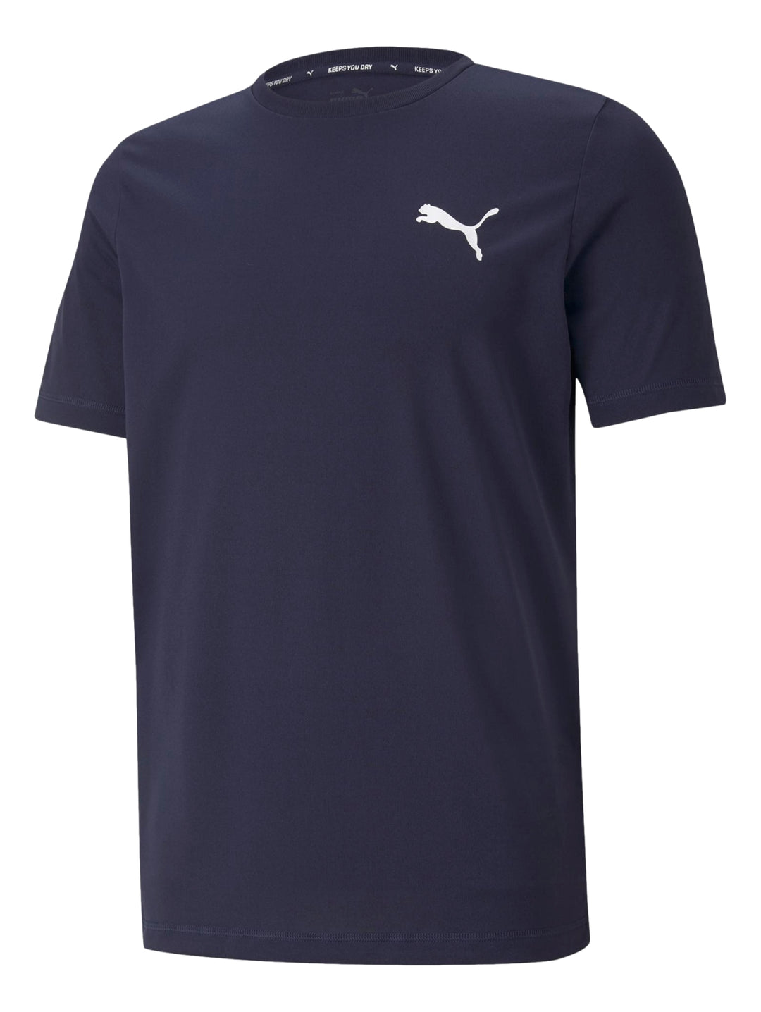 Camiseta deportiva PUMA de color azul marino con logotipo blanco pequeño en el pecho.