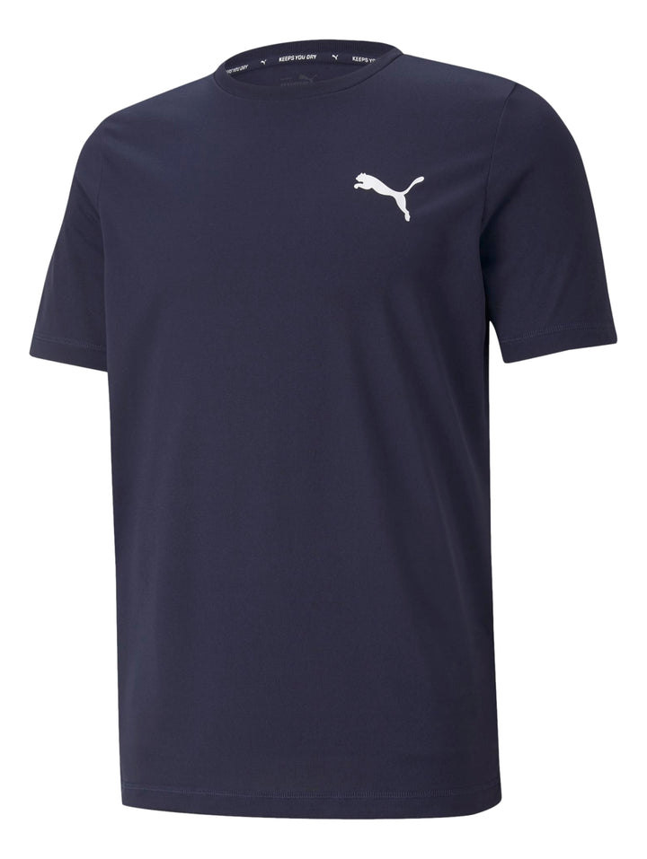 Camiseta deportiva PUMA de color azul marino con logotipo blanco pequeño en el pecho.