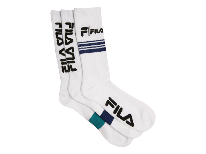 Paquete de 3 pares de calcetines blancos FILA estilo crew con detalles en azul y verde.
